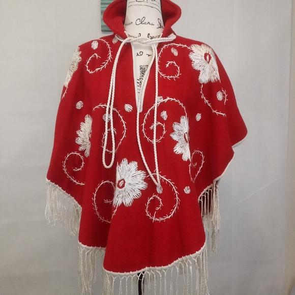 Vintage Jackets & Blazers - Vintage Unique Red Fringe Embroidered Poncho